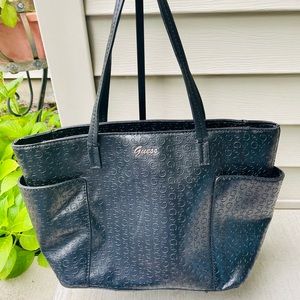 Guess Medium Bag Extra Pockets Black Logo Imprint Silver Detail